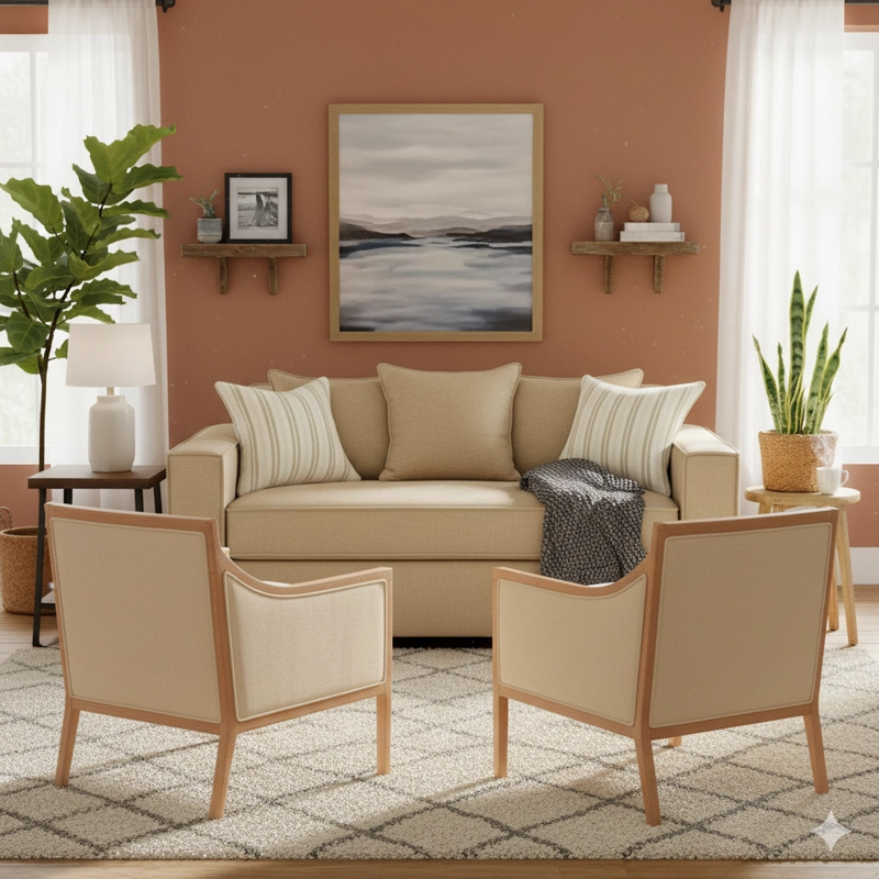 LIVING 311 BACO BEIGE CLARO  SOFA 3 CUERPOS RESORTES FULL COMFORT PLUS + 2 SITIALES MADERA - 1