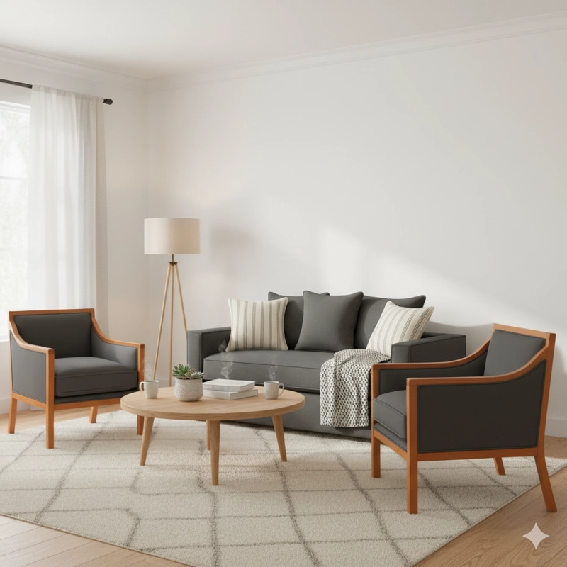 LIVING 311 BACO GRAFITO  SOFA 3 CUERPOS CON RESORTES FULL COMFORT + 2 SITIALES MADERA - 2