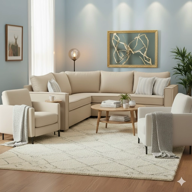 LIVING 311 MATILDA 311 BEIGE CLARO SECCIONAL 6 CUERPOS RESORTES FULL COMFORT  + 2 POLTRONAS - 4