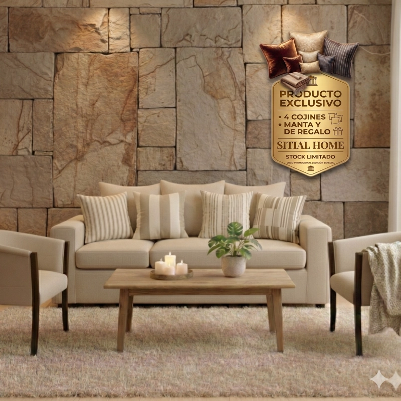 LIVING 311 KABUL BEIGE CLARO SOFA 3 CUERPOS + 2 SITIALES MADERA - 1