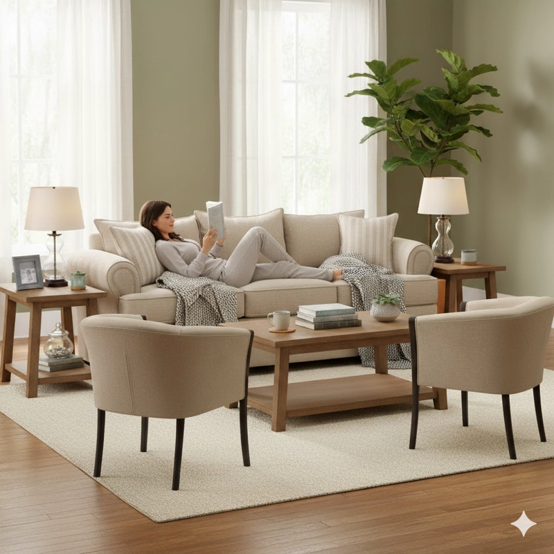 LIVING 311 PASTORA BEIGE CLARO SOFA 3 CUERPOS RESORTES + 2 SITIALES - 1