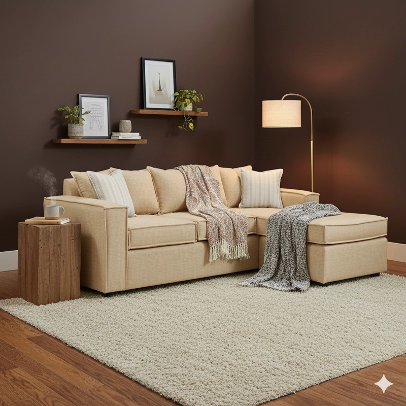LIVING 311 HAVANA BEIGE CLARO SECCIONAL CON RESORTES +  2 SITIALES MADERA - 2