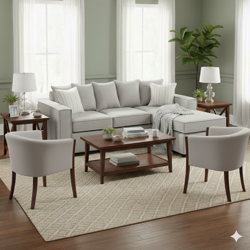 LIVING 311 HAVANA GRIS CLARO SECCIONAL CON RESORTES + 2 SITIALES MADERA - 1