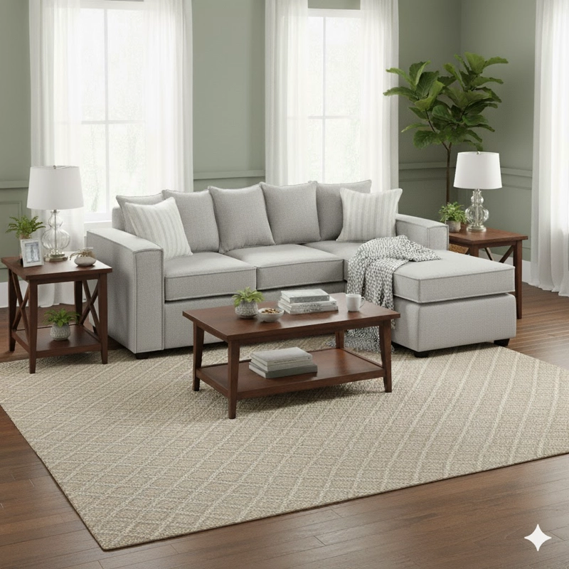 LIVING 311 HAVANA GRIS CLARO SECCIONAL CON RESORTES + 2 SITIALES MADERA - 2