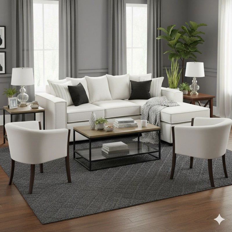 LIVING 311 HAVANA BLANCO SECCIONAL CON RESORTES + 2 SITIALES MADERA - 1