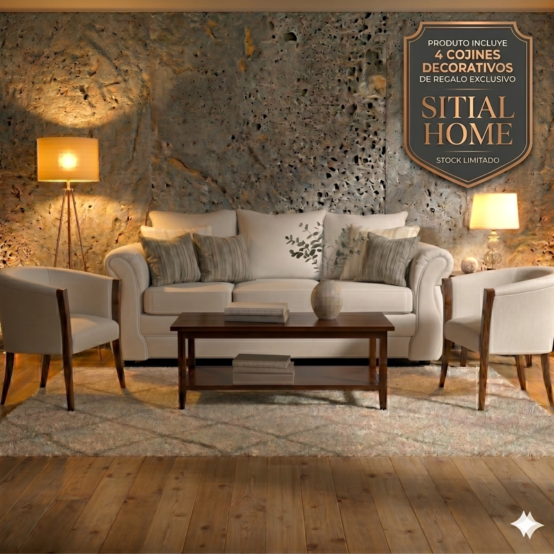LIVING 311 FACUNDO BEIGE  CLARO SOFA3 CUERPOS  + 2 SITIALES DE MADERA TAPIZADOS - 1