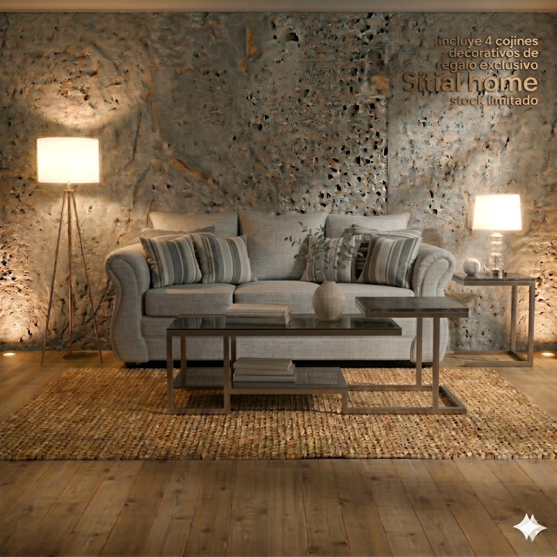 LIVING 311 FACUNDO GRIS CLARO SOFA3 CUERPOS + 2 SITIALES DE MADERA TAPIZADOS - 2