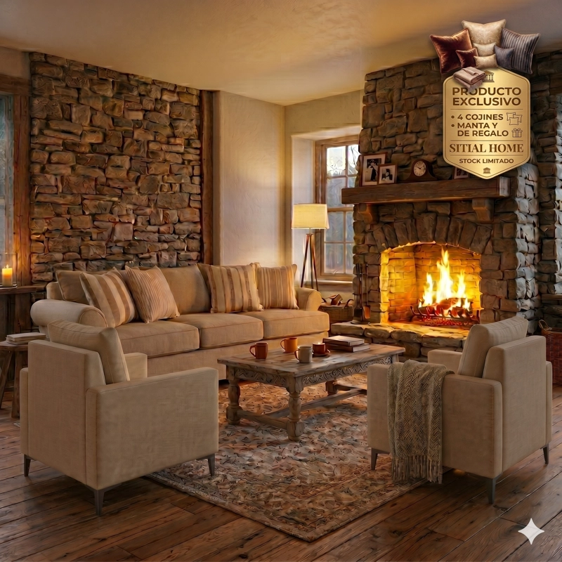 LIVING 311 SANTELMO BEIGE CLARO SOFA 3 CUERPOS + 2 POLTRONAS CON RESORTES FULL COMFORT PLUS - 1