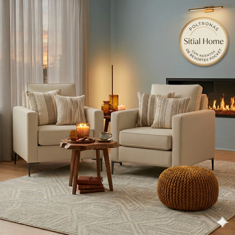 LIVING 311 SANTELMO BEIGE CLARO SOFA 3 CUERPOS + 2 POLTRONAS CON RESORTES FULL COMFORT PLUS - 2