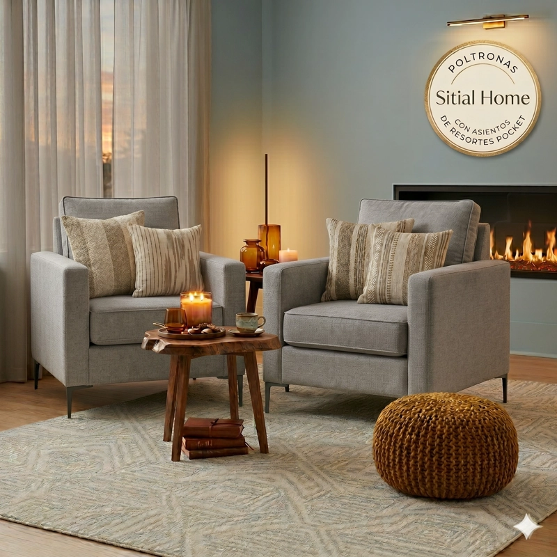 LIVING 311 SANTELMO GRIS CLARO SOFA 3 CUERPOS + 2 POLTRONAS CON RESORTES FULL COMFORT PLUS - 2