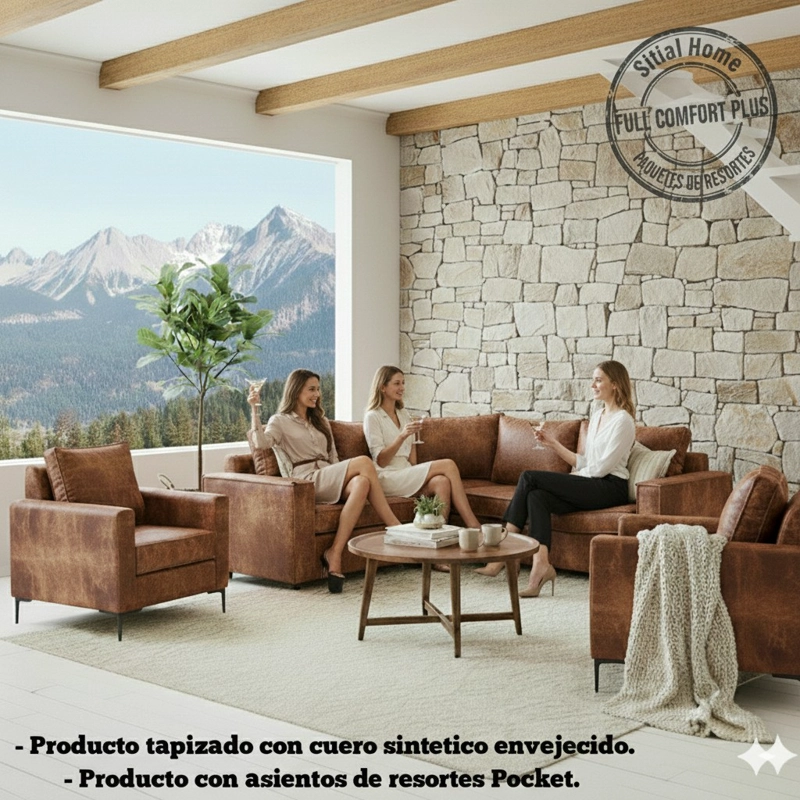 LIVING 311 JACK CAFE CUERO SINTETICO ENVEJECIDO SECCIONAL + 2 POLTRONAS CON RESORTES - 2