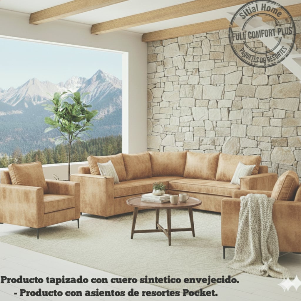 LIVING 311 JACK BEIGE CUERO SINTETICO ENVEJECIDO SECCIONAL + 2 POLTRONAS CON RESORTES - 1