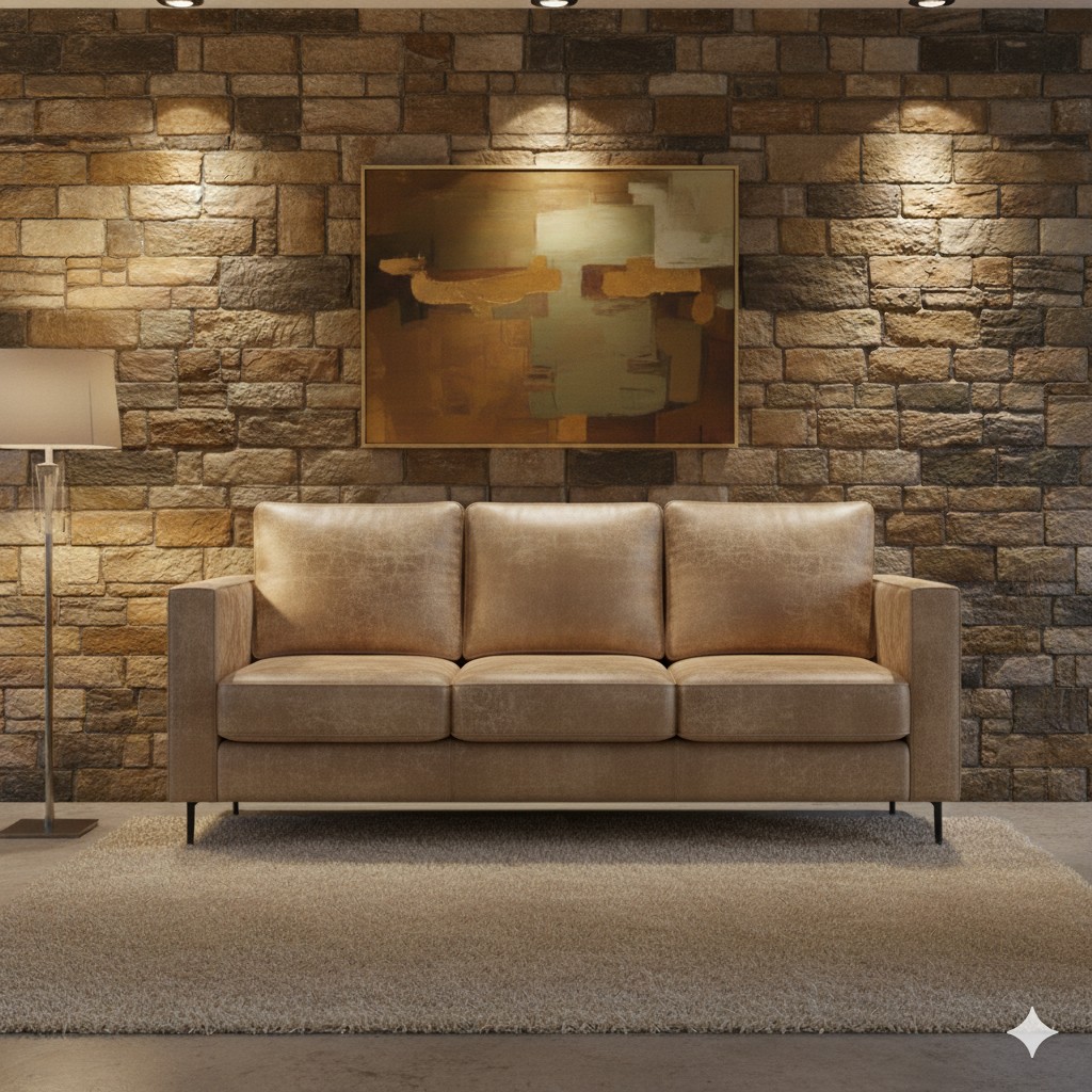 SOFA 3 CUERPOS TENNESSE CUERO SINTETICO ENVEJECIDO BEIGE , ASIENTOS DE RESORTES POCKET - 2