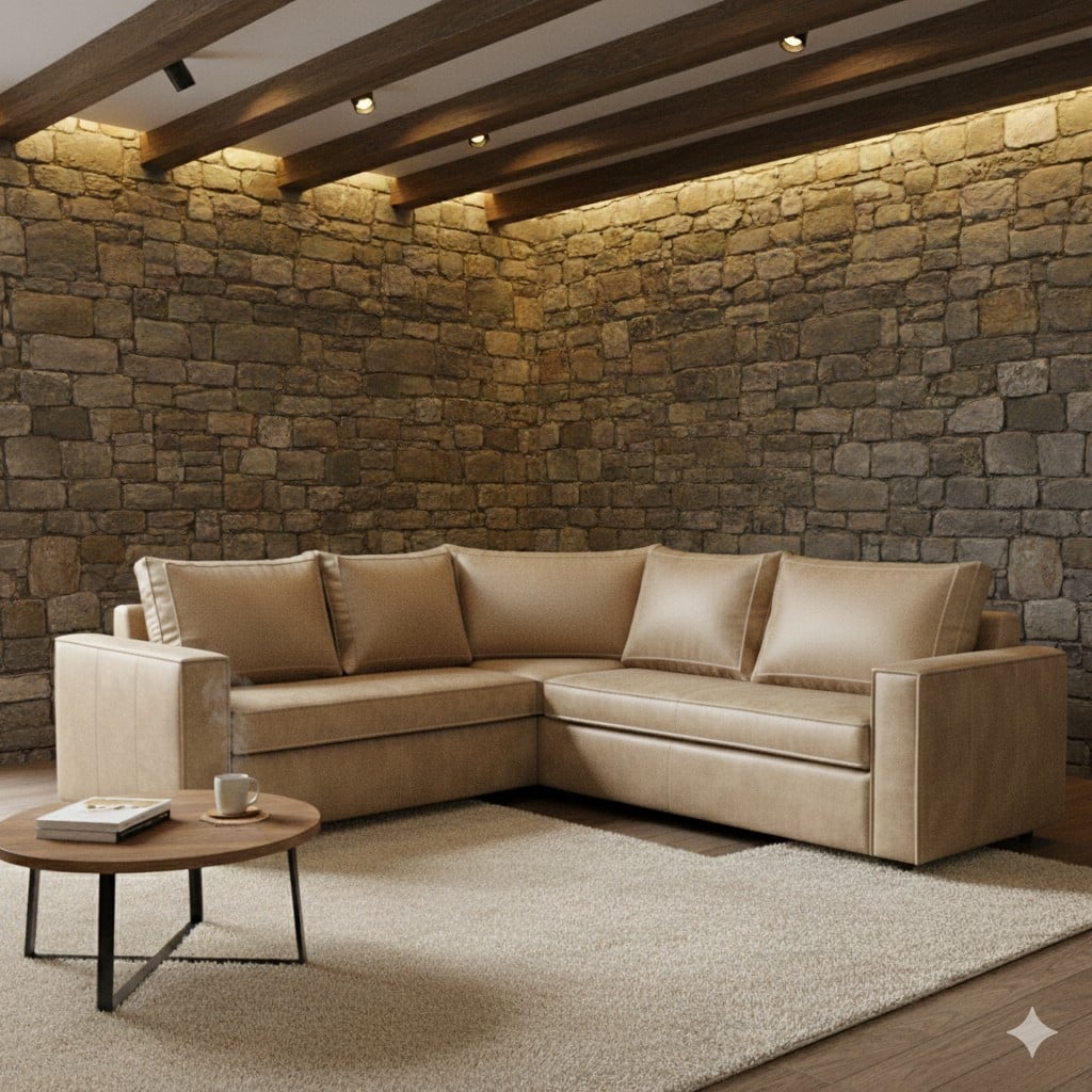 SOFA SECCIONAL JACK CUERO BEIGE SINTETICO ENVEJECIDO Y ASIENTOS DE RESORTES POCKET - 1