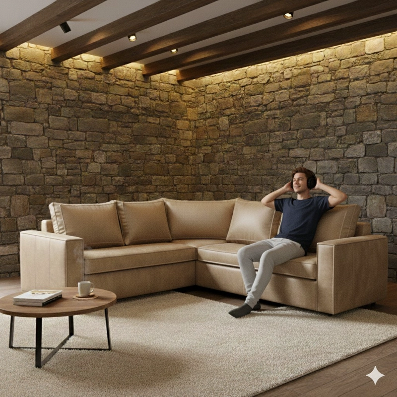 SOFA SECCIONAL JACK CUERO BEIGE SINTETICO ENVEJECIDO Y ASIENTOS DE RESORTES POCKET - 2