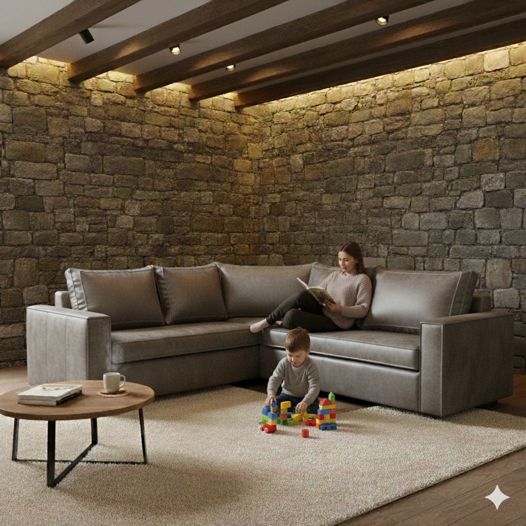 SOFA SECCIONAL JACK CUERO GRIS SINTETICO ENVEJECIDO Y ASIENTOS DE RESORTES POCKET - 2