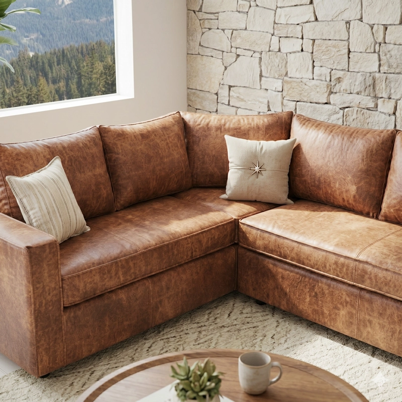 SOFA SECCIONAL JACK CUERO CAFE SINTETICO ENVEJECIDO Y ASIENTOS DE RESORTES POCKET - 4