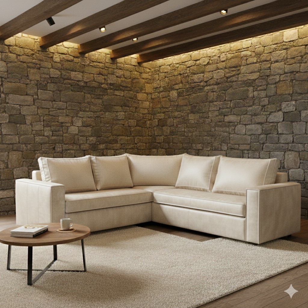 SOFA SECCIONAL JACK CUERO BLANCO HUESO SINTETICO ENVEJECIDO Y ASIENTOS DE RESORTES POCKET - 1