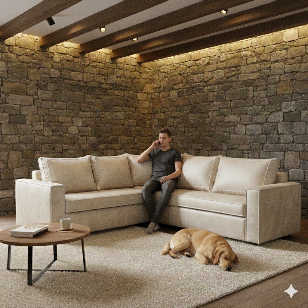 SOFA SECCIONAL JACK CUERO BLANCO HUESO SINTETICO ENVEJECIDO Y ASIENTOS DE RESORTES POCKET - 2