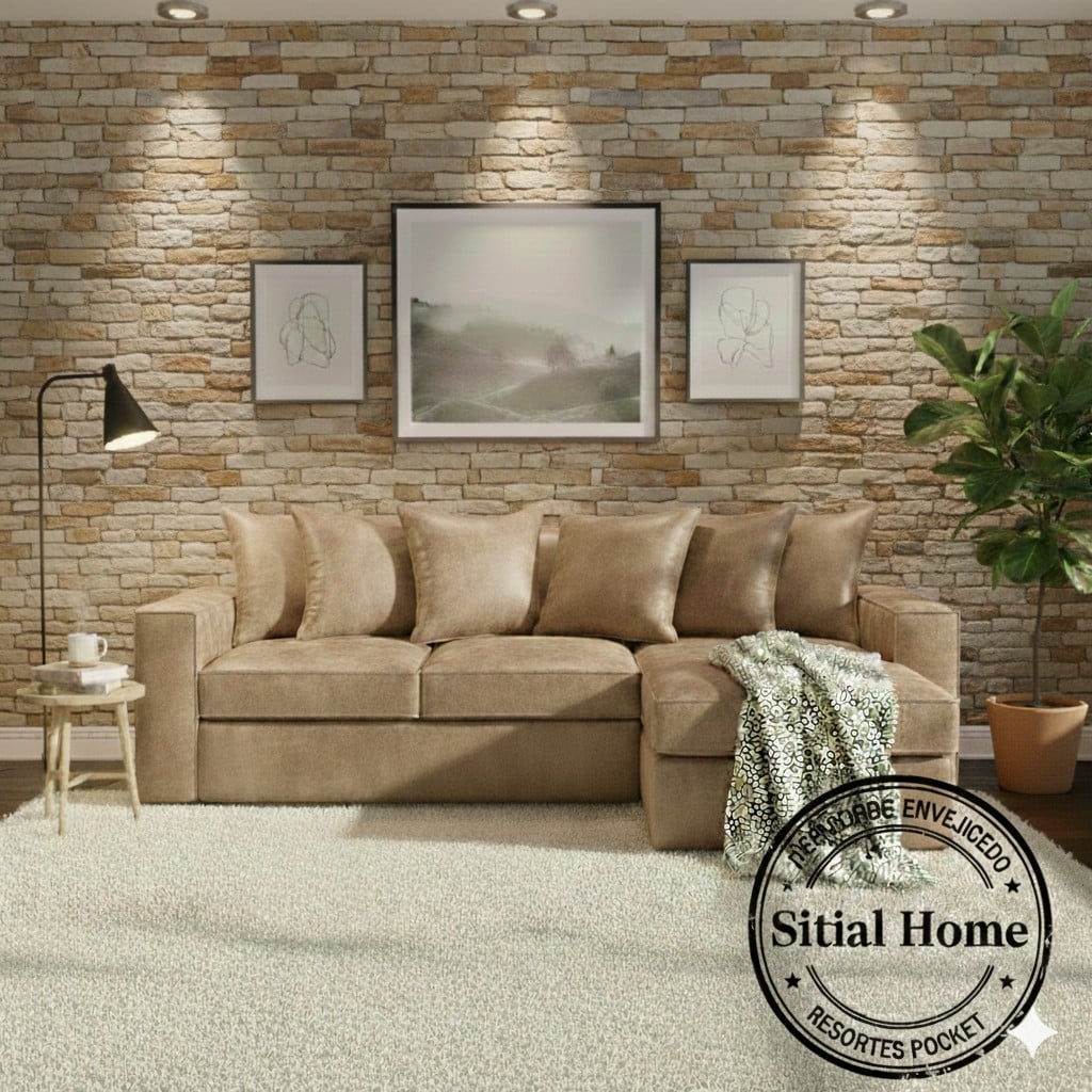 SECCIONAL INTERCAMBIABLE TENNESSE BEIGE CUERO SINTETICO ENVEJECIDO RESORTES  FULL COMFORT PLUS - 2