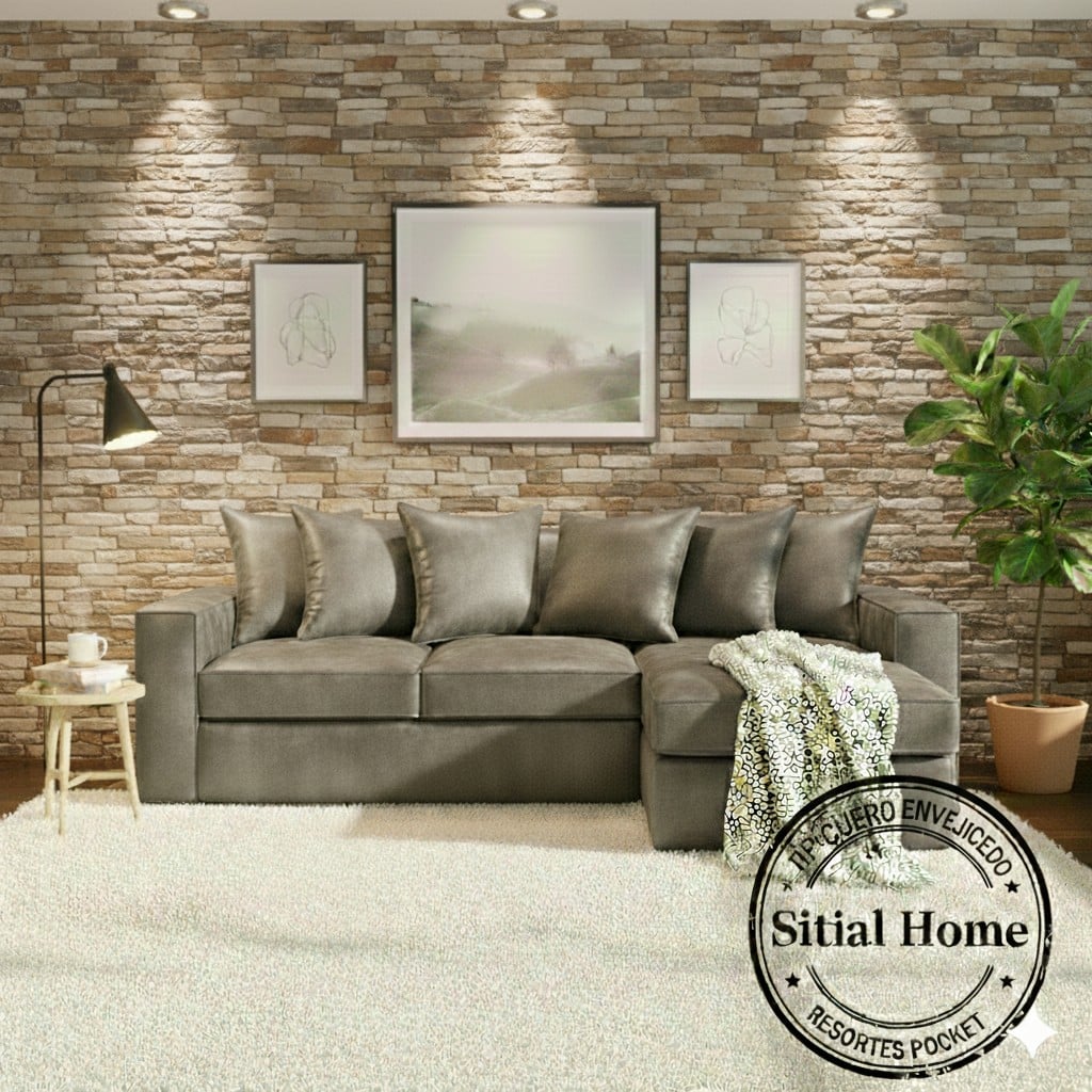 SECCIONAL TENNESSE INTERCAMBIABLE  GRIS CUERO SINTETICO ENVEJECIDO RESORTES  FULL COMFORT PLUS - 2