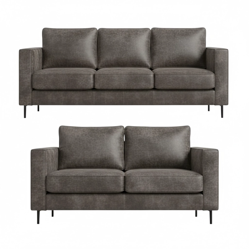 JUEGO LIVING 32 TENNESSE GRIS CUERO SINTE TICO ENVEJECIDO CON ASIENTOS DE RESORTES POCKET - 2
