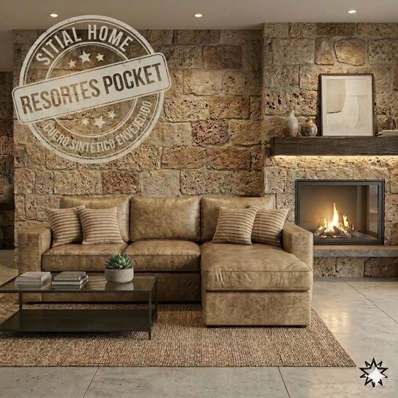 SECCIONAL INTERCAMBIABLE BURTON BEIGE CUERO SINTETICO ENVEJECIDO RESORTES POCKET - 3