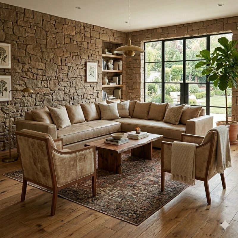 LIVING 311 BURTON  BEIGE EN CUERO SINTETICO ENVEJECIDO  ,SECCIONAL RESORTES F COMFORT + 2 SITIALES - 1