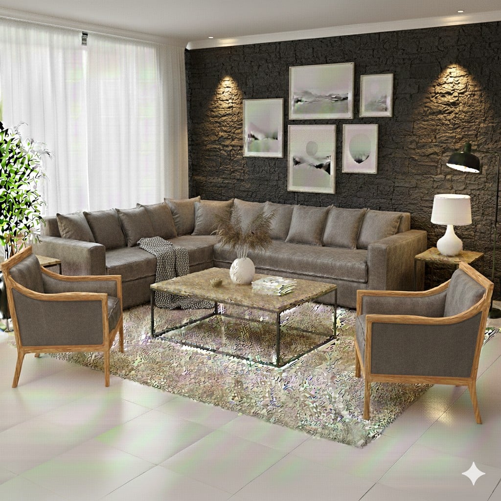 LIVING 311 BURTON GRIS EN CUERO SINTETICO ENVEJECIDO ,SECCIONAL RESORTES F COMFORT + 2 SITIALES - 1