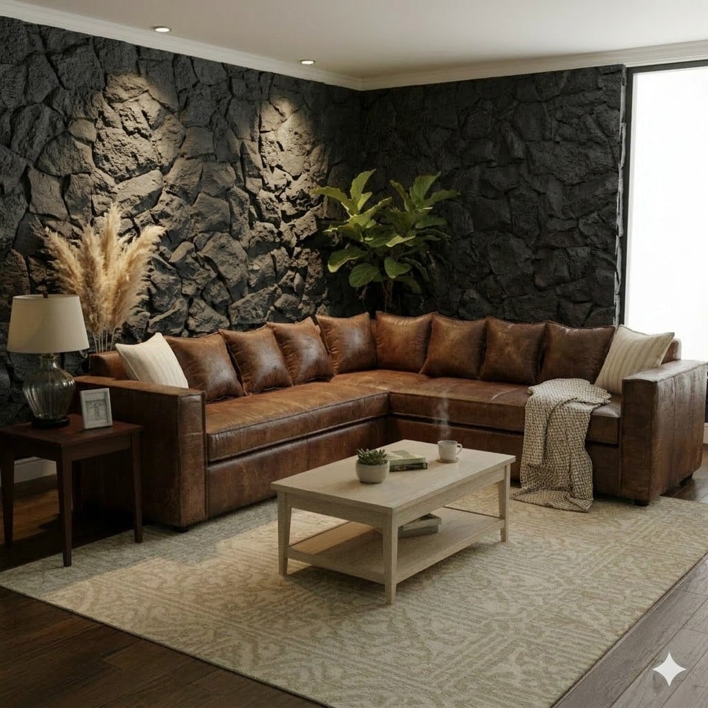 SOFA SECCIONAL BURTON CARAMELO DE CUERO SINTETICO ENVEJECIDO CON ASIENTOS DE RESORTES POCKET - 1