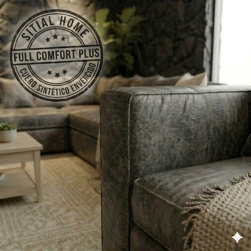 SOFA SECCIONAL BURTON GRIS DE CUERO SINTETICO ENVEJECIDO CON ASIENTOS DE RESORTES POCKET - 3