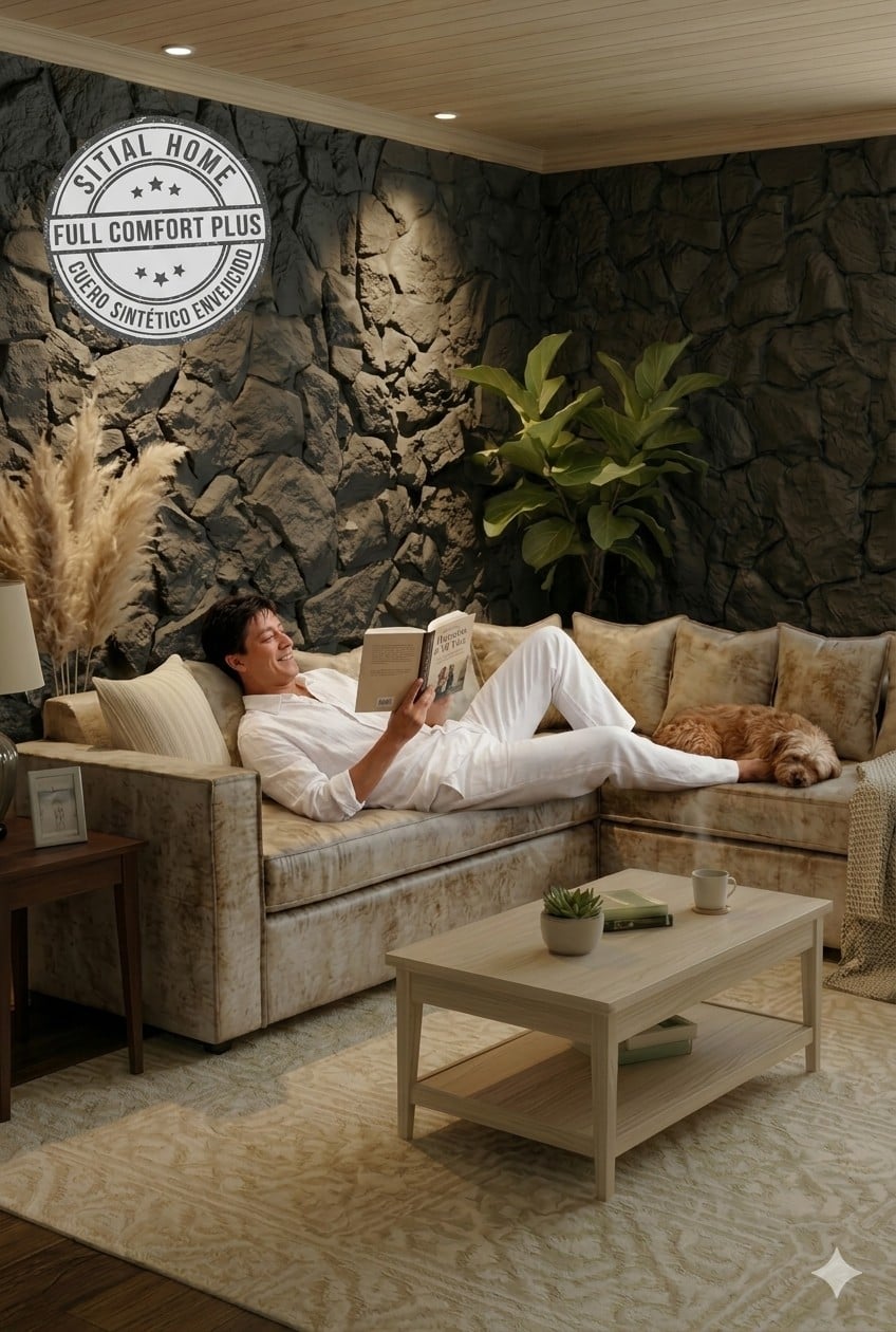 SOFA SECCIONAL BURTON BLANCO HUESO DE CUERO SINTETICO ENVEJECIDO CON ASIENTOS DE RESORTES POCKET - 2