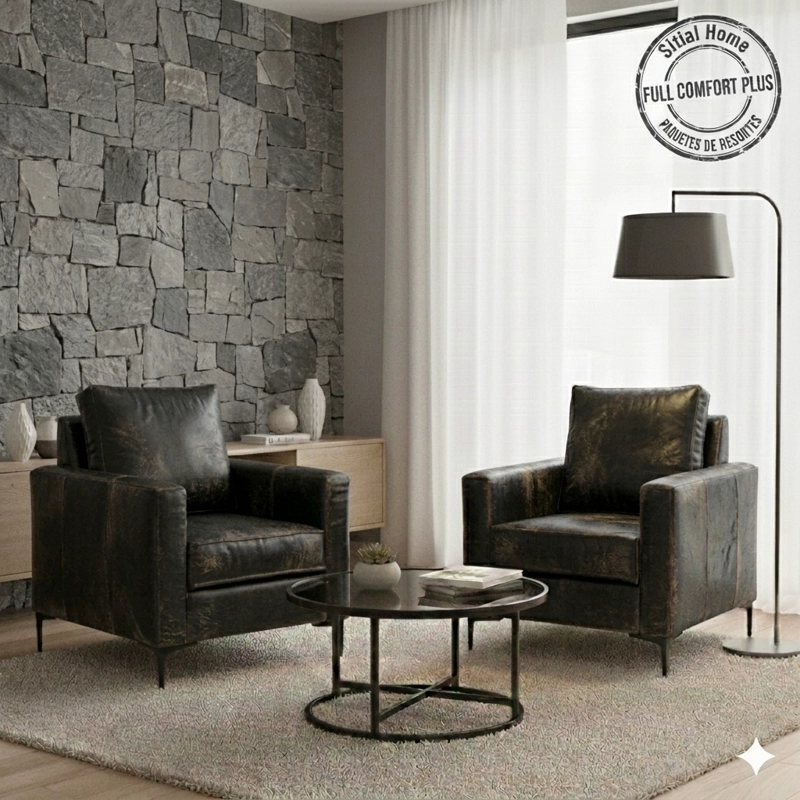 LIVING 311 JACK NEGRO CUERO SINTETICO ENVEJECIDO SECCIONAL + 2 POLTRONAS CON RESORTES - 3