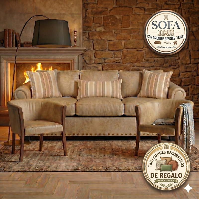 LIVING 311 OREGON  BEIGE CUERO SINTETICO ENVEJECIDO SOFA 3 CUERPOS RESORTES + 2 SITIALES DE MADERA - 1