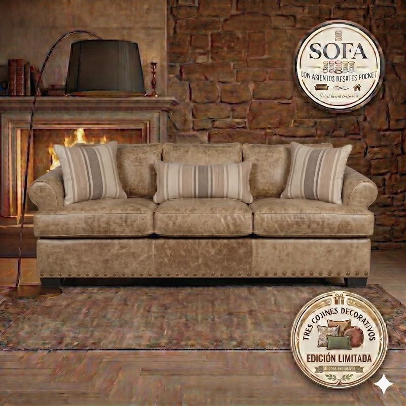 LIVING 311 OREGON  BEIGE CUERO SINTETICO ENVEJECIDO SOFA 3 CUERPOS RESORTES + 2 SITIALES DE MADERA - 2