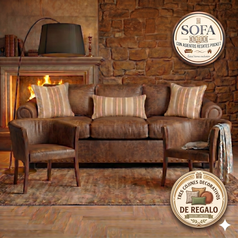 LIVING 311 OREGON CAFE CUERO SINTETICO ENVEJECIDO SOFA 3 CUERPOS RESORTES + 2 SITIALES DE MADERA - 1