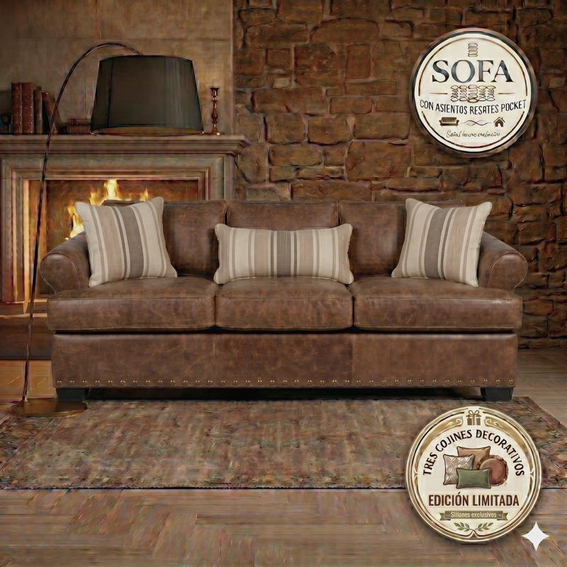 LIVING 311 OREGON CAFE CUERO SINTETICO ENVEJECIDO SOFA 3 CUERPOS RESORTES + 2 SITIALES DE MADERA - 2