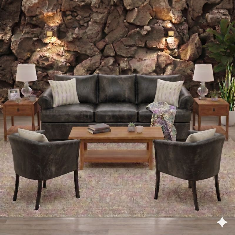 LIVING 311 OREGON NEGRO CUERO SINTETICO ENVEJECIDO SOFA 3 CUERPOS RESORTES + 2 SITIALES DE MADERA - 1