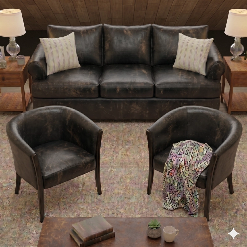 LIVING 311 OREGON NEGRO CUERO SINTETICO ENVEJECIDO SOFA 3 CUERPOS RESORTES + 2 SITIALES DE MADERA - 2