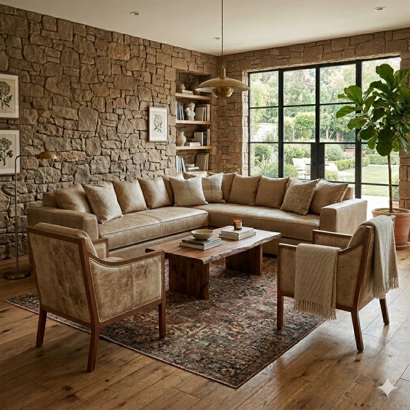 LIVING 311 BURTON  BEIGE EN CUERO SINTETICO ENVEJECIDO  ,SECCIONAL RESORTES F COMFORT + 2 SITIALES - 1