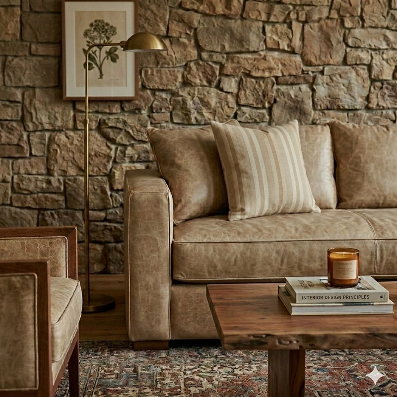 LIVING 311 BURTON  BEIGE EN CUERO SINTETICO ENVEJECIDO  ,SECCIONAL RESORTES F COMFORT + 2 SITIALES - 2
