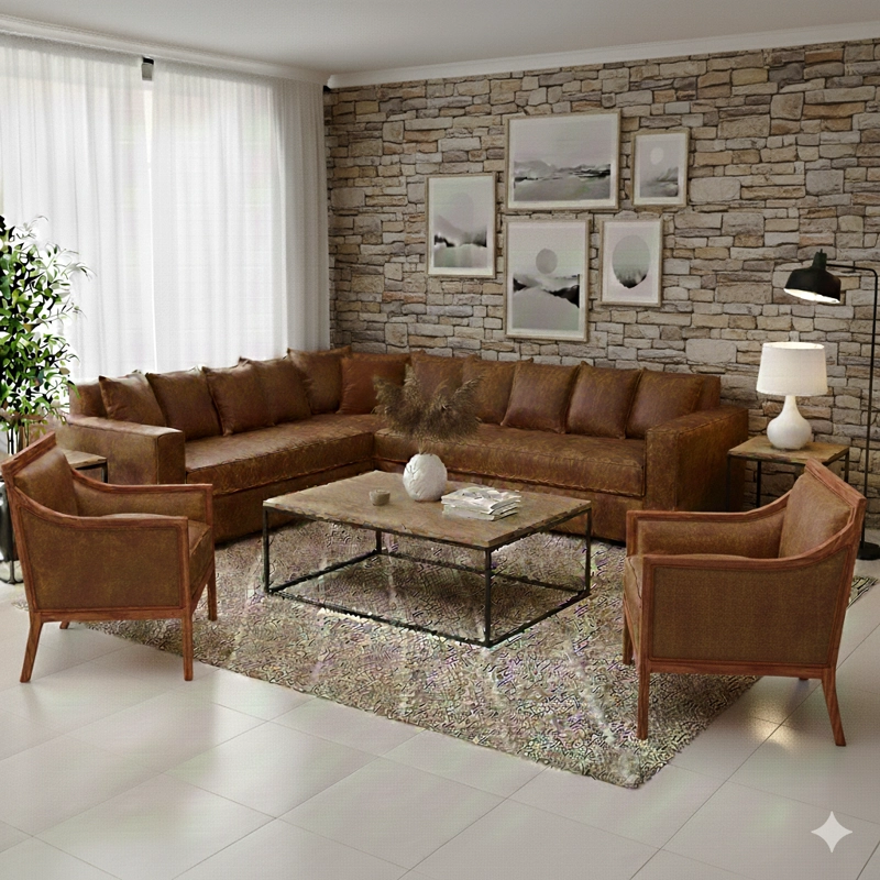 LIVING 311 BURTON CAFE EN CUERO SINTETICO ENVEJECIDO ,SECCIONAL RESORTES F COMFORT + 2 SITIALES - 1