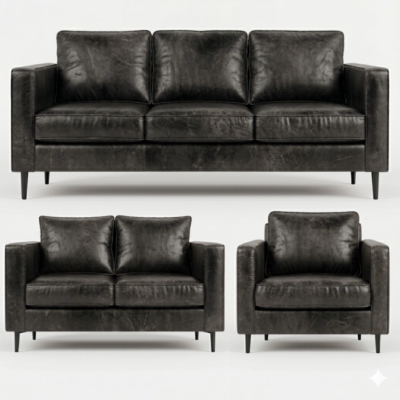 JUEGO LIVING 321 MEMPHIS NEGRO EN CUERO SINTETICO ENVEJECIDO PRODCUTO CON RESORTES POCKET - 2