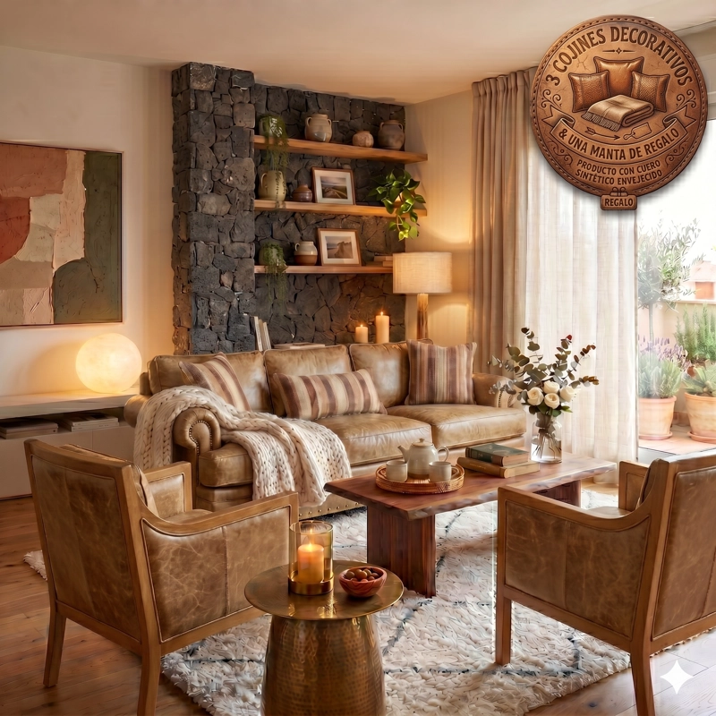 LIVING TUCSON 311 BEIGE CUERO SINTETICO ENVEJECIDO SOFA 3 CUERPOS CON RESORTES +2 SITIALES DE MADERA - 1