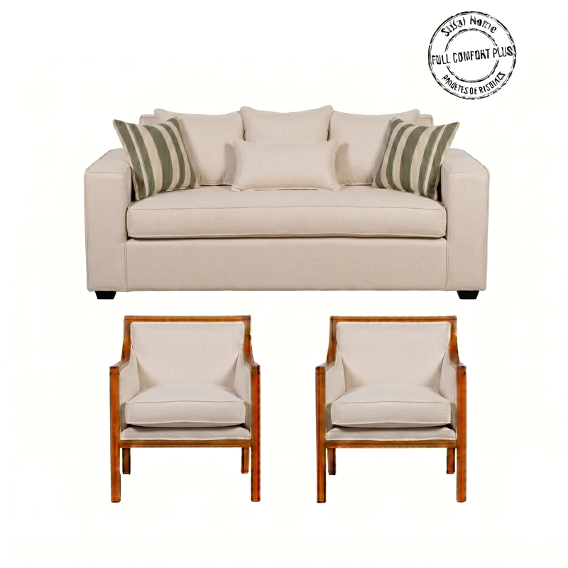 LIVING EUROPA 311 BEIGE SOFA 3  CUERPOS CON RESORTES + 2 SITIALES DE MADERA - 2