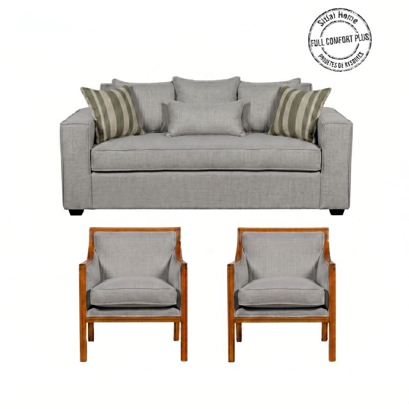 LIVING EUROPA 311 GRIS SOFA 3 CUERPOS CON RESORTES + 2 SITIALES DE MADERA - 2
