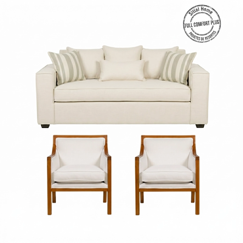 LIVING EUROPA 311 BLANCO SOFA 3 CUERPOS CON RESORTES + 2 SITIALES DE MADERA - 2