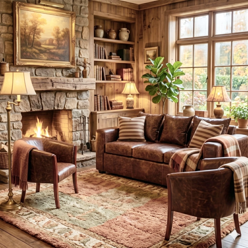 LIVING 311 KENTUCKY CAFE BEIGE CUERO SINTETICO ENVEJECIDO SOFA 3 CUERPOS MAS 2 SITIALES MADERA - 1