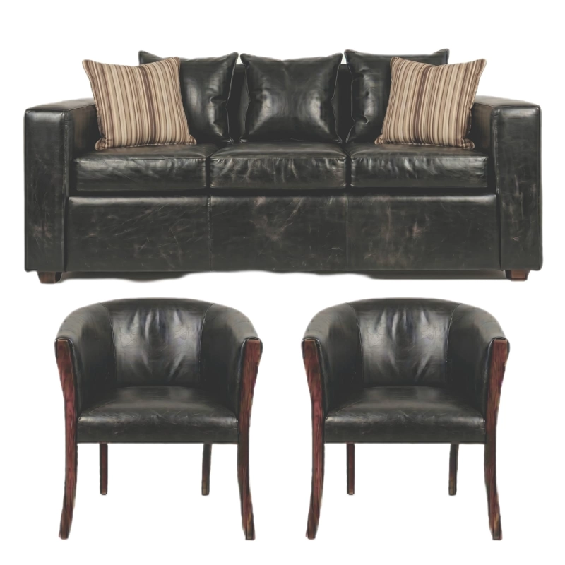 LIVING 311 KENTUCKY NEGRO CUERO SINTETICO ENVEJECIDO SOFA 3 CUERPOS MAS 2 SITIALES MADERA - 2