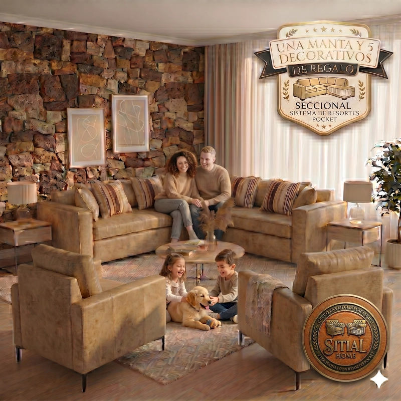 LIVING 311 NEW ORLEANS BEIGE CUERO SINTETICO ENVEJECIDO SECCIONAL + 2 POLTRONAS RESORTE POCKET - 2